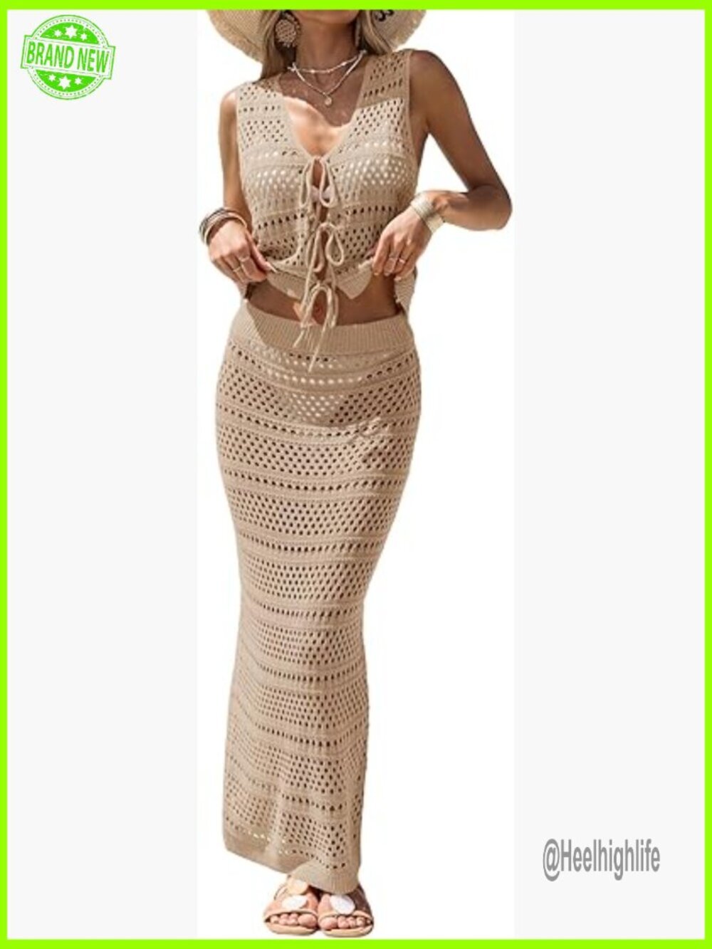 Crochet Cover Up Set Sleeveless Crop Top Maxi Skirt Swim Beach